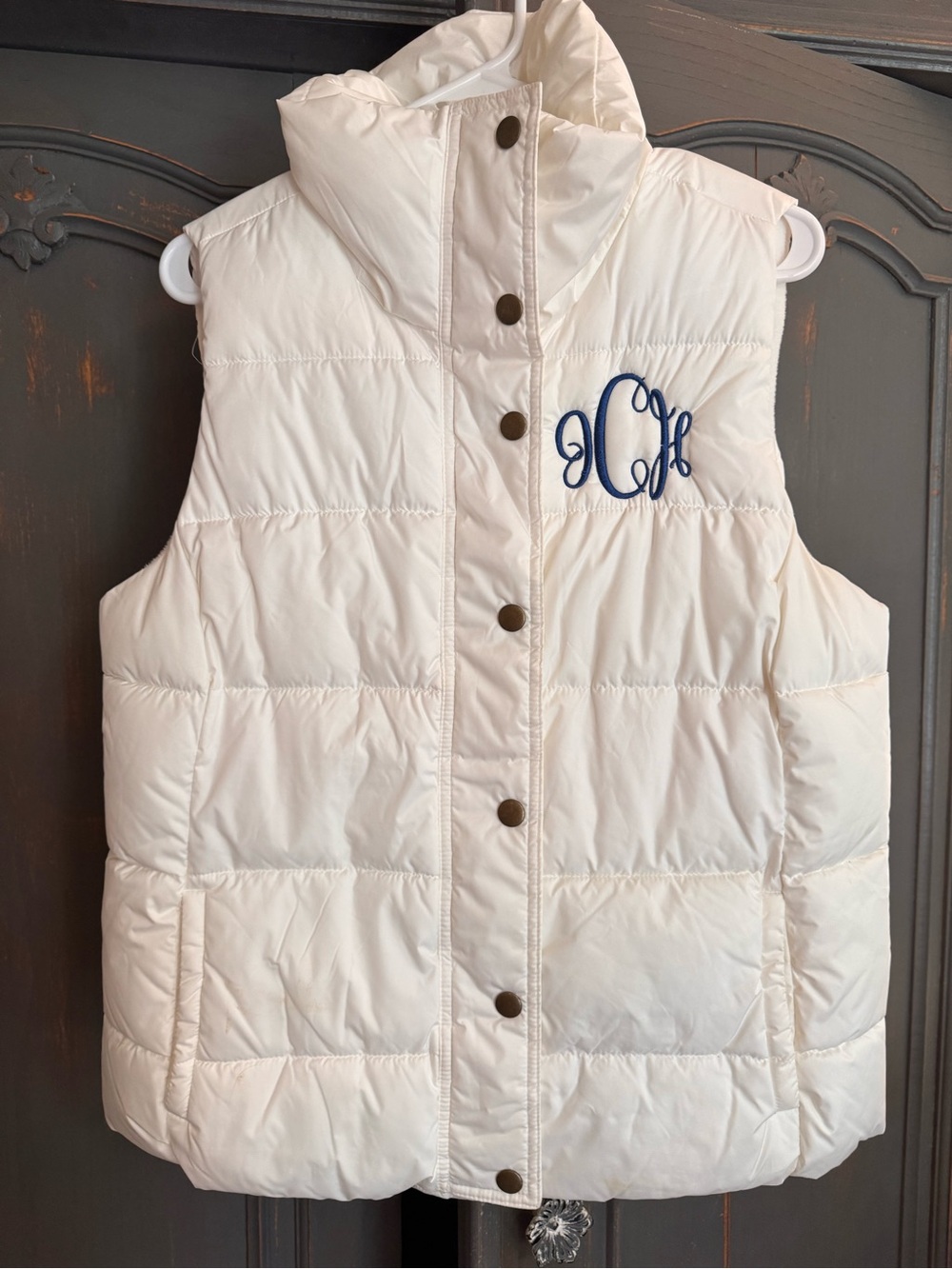 Women's White Old Navy Puffer Vest with Monogram